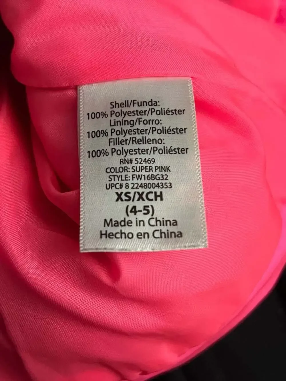 Girls Winter Puffer Jacket Size XS/XCH (4-5) Pink Black Hooded